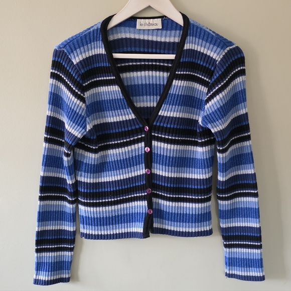 Le Chateau M Vintage Y2K Eclectic Coquette Striped Ribbed Knit Cardigan - Picture 2 of 12